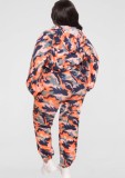 Fall Plus Size Orange Camouflage Print Long Sleeve Hoodies Top And Pant Two Piece Set