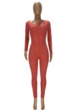 Fall Sexy Red Hollow Out Round Neck See Through Long Sleeve Jumpsuit