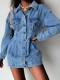 Winter Trendy Blue Turndown Collar Button Up Mini Denim Dress