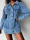 Winter Trendy Blue Turndown Collar Button Up Mini Denim Dress