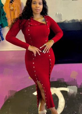 Fall Sexy Red Turn-Down Collar Long Sleeve Button Slit Long Dress