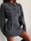 Winter Trendy Gray Turndown Collar Button Up Mini Denim Dress