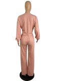 Winter Casaual Pink Puffed Long Sleeve Round Neck Crop Top And Loose Pant Two Piece Set