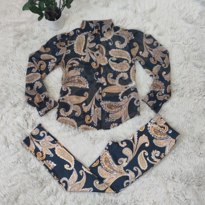Fall Trendy Retro Printed Long Sleeve Shirt and Match Pants Two Piece Set