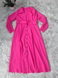 Fall Casual Rosy Red Turndown Collar Button Up Casual Long Dress with Belt