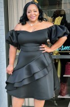 Fall Plus Size Black Off Shoulder Puff Sleeve Ruffled Party Dress
