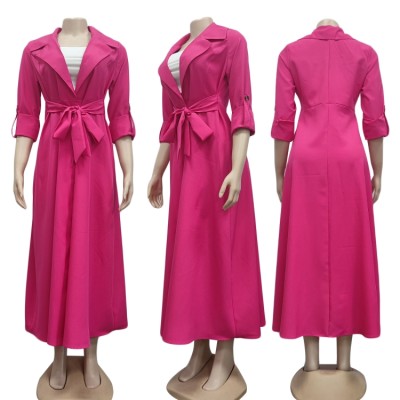 Fall Casual Rosy Red Turndown Collar Button Up Casual Long Dress with Belt