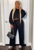 Winter Casaual Black Puffed Long Sleeve Round Neck Crop Top And Loose Pant Two Piece Set