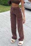 Fall Casual Brown Pocket Low Waist Loose Wide-Leg Jeans
