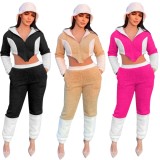 Winter Fashion Kahaki Contrast Lamb Zipper Hoodies Long Sleeve Crop Top And Pant Two Piece Set