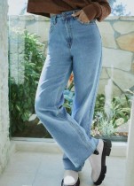 Fall Casual Blue High Waist Simple Loose Wide-Leg Jeans