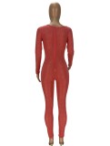Fall Sexy Red Hollow Out Round Neck See Through Long Sleeve Jumpsuit