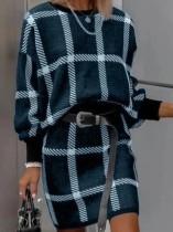 Winter Casual Dark Blue Plaid Loose Sweater and Pencil Skirt Set