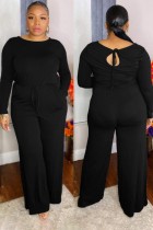 Fall Plus Size Black Solid Long Sleeve Round Neck Loose Jumpsuit