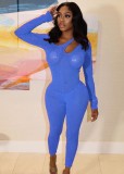 Fall Sexy Blue Hollow Out Round Neck See Through Long Sleeve Jumpsuit