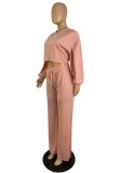 Winter Casaual Pink Puffed Long Sleeve Round Neck Crop Top And Loose Pant Two Piece Set