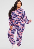 Fall Plus Size Purple Camouflage Print Long Sleeve Hoodies Top And Pant Two Piece Set