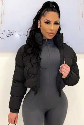 Winter Warm Black Zip High Neck Short Padded Jacket