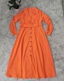 Fall Casual Orange Turndown Collar Button Up Casual Long Dress with Belt