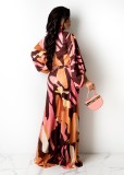 Fall Sexy Print Tie Puffed Long Sleeve And Loose Pant Two Piece Set