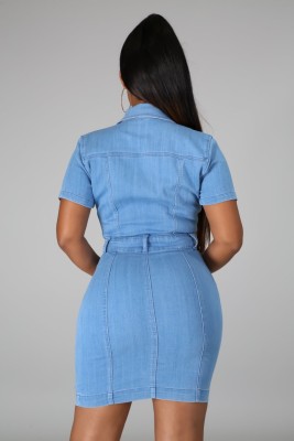 Fall Casual Blue Pockets With Button Open Short Sleeve Jeans Midi Dress