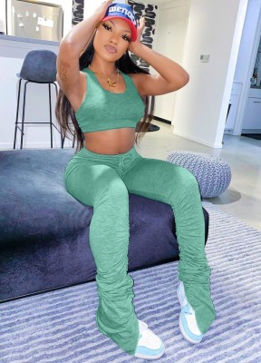 Fall Sexy Green Vest And Plain Stacked Pant Two Piece Set
