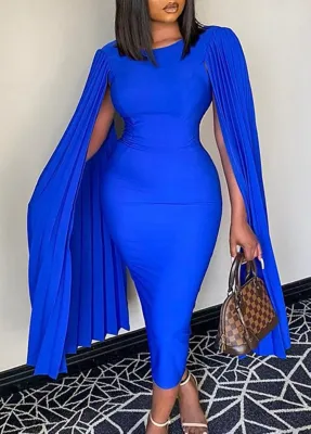 Fall Plus Size Elegant Blue Pleated Clock Sleeve O Neck Slim Formal Party Dress
