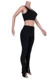 Fall Sexy Black Vest And Plain Stacked Pant Two Piece Set