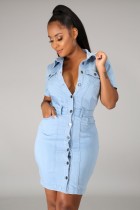 Fall Casual Lt-Blue Pockets With Button Open Short Sleeve Jeans Midi Dress