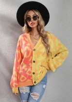 Winter Casual Yellow Contrast V-neck Button Up Loose Sweater