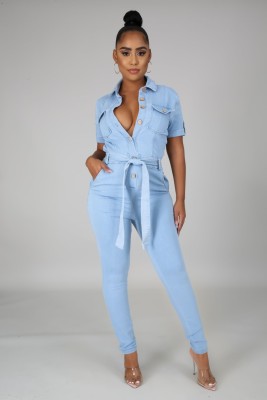 Fall Casual Lt-Blue Pockets With Belt Short Sleeve Jeans Jumpsuit