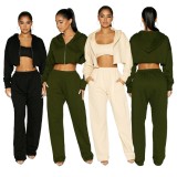 Winter Sports Apricot Zip Loose Crop Hoodies and Sweatpants Two Piece Sweatsuits