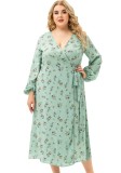 Fall Elegant Plus Size Print V Neck Long Sleeve Slit Long Dress