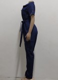 Fall Casual Dk-Blue Pockets With Belt Short Sleeve Jeans Jumpsuit