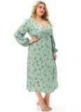 Fall Elegant Plus Size Print V Neck Long Sleeve Slit Long Dress