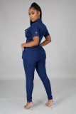 Fall Casual Dk-Blue Pockets With Belt Short Sleeve Jeans Jumpsuit