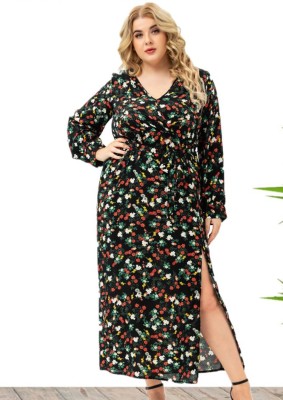 Fall Elegant Plus Size Print V Neck Long Sleeve Slit Long Dress