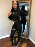 Fall Sexy Black See Through Line Round Neck Long Sleeve Crop Top And Pant Two Piece Set