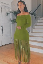 Fall Sexy Green Off shoulder Tassels Fringe Long Dress