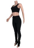 Fall Sexy Black Vest And Plain Stacked Pant Two Piece Set