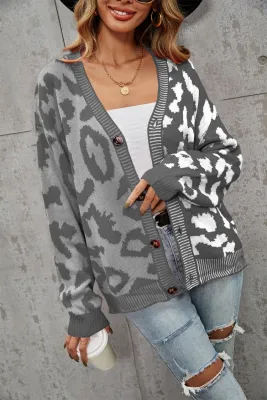 Winter Casual Gray Contrast V-neck Button Up Loose Sweater