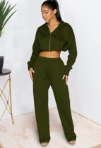 Winter Green Black Zip Loose Crop Hoodies and Sweatpants Two Piece Sweatsuits