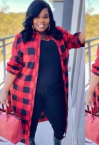 Fall Plus Size Casual Red Plaid Oversize Long Shirt Coat