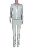 Winter Casual Grey Long Sleeve Zipper Hoody Crop Top And Plain Stacked Pant Two Piece Set