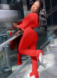 Winter Casual Red Long Sleeve Zipper Hoody Crop Top And Plain Stacked Pant Two Piece Set
