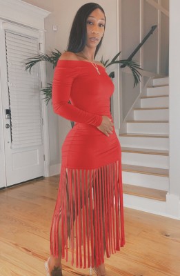 Fall Sexy Red Off Shoulder Tassels Fringe Long Dress