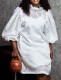 Fall Plus Size White Hollow Out Ruffled O Neck Puff Sleeve Two Piece Dress Sets