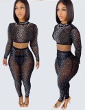 Fall Sexy Black Beaded Tight Crop Top and Pants Two Piece Set