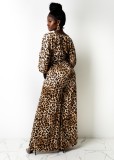 Fall Sexy Leopard Print Tie Puffed Long Sleeve And Loose Pant Two Piece Set