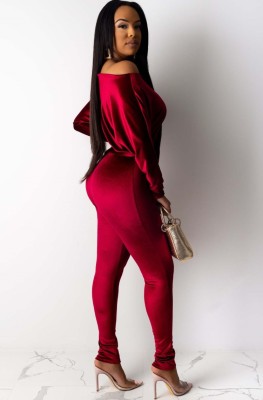 Fall Sexy Red Off Shoulder Velvet Long Sleeve With Belt Jumpsuit
